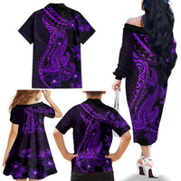 Purple Polynesia Shark Tattoo Family Matching Off Shoulder Long Sleeve Dress and Hawaiian Shirt With Polynesian Plumeria - Wonder Print Shop