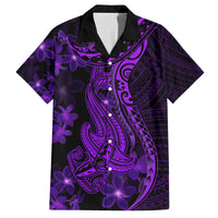 Purple Polynesia Shark Tattoo Family Matching Off Shoulder Long Sleeve Dress and Hawaiian Shirt With Polynesian Plumeria - Wonder Print Shop