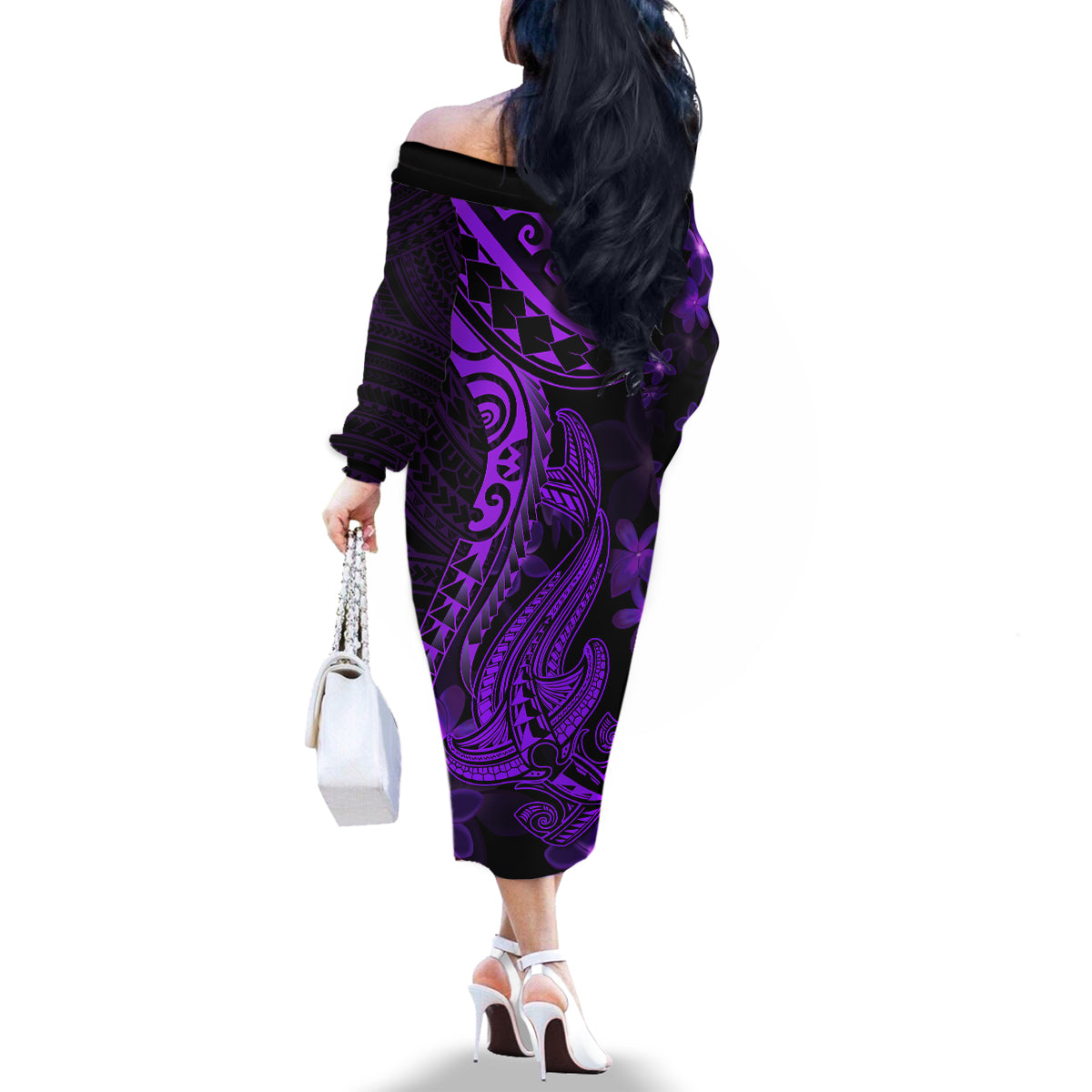 Purple Polynesia Shark Tattoo Family Matching Off Shoulder Long Sleeve Dress and Hawaiian Shirt With Polynesian Plumeria - Wonder Print Shop