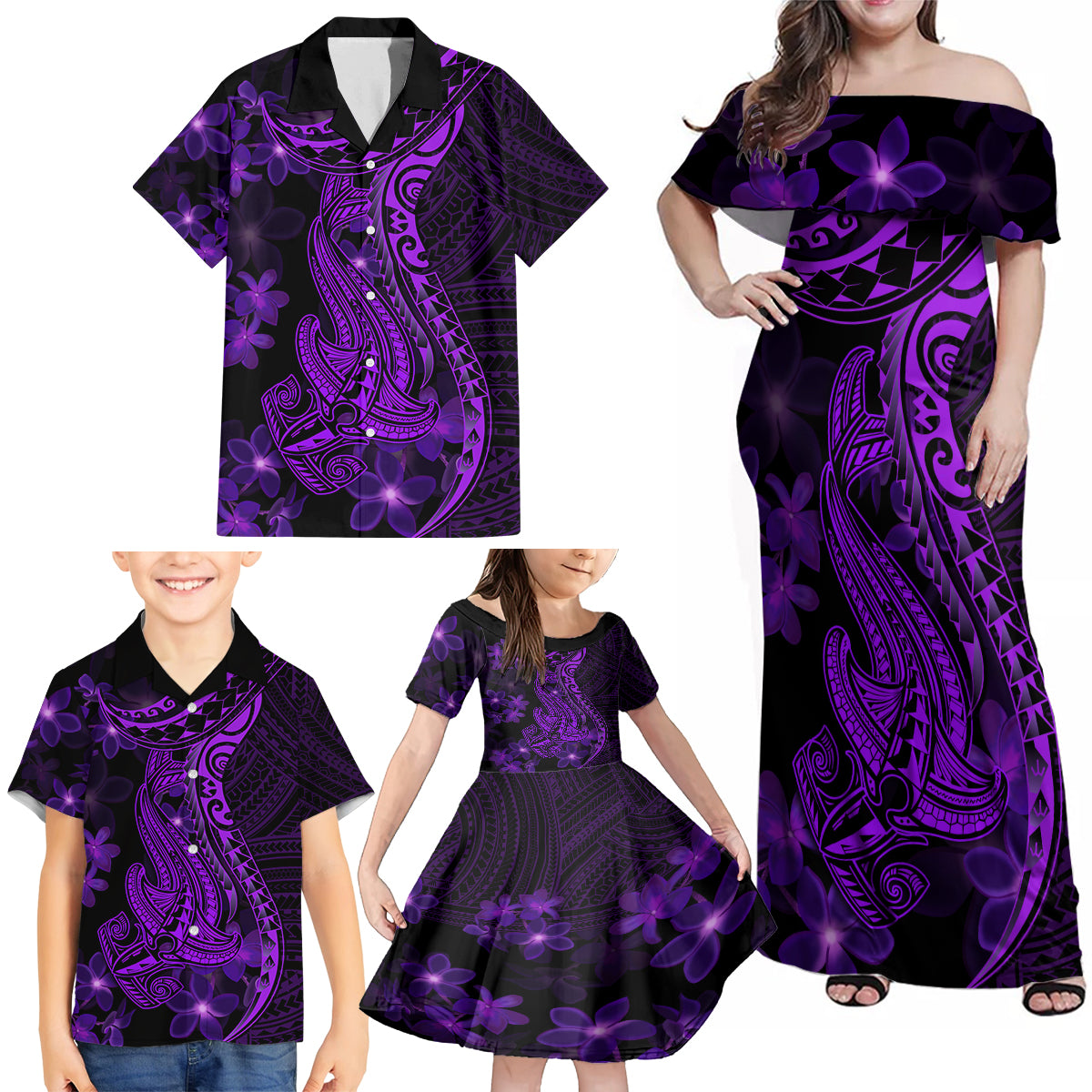 Purple Polynesia Shark Tattoo Family Matching Off Shoulder Maxi Dress and Hawaiian Shirt With Polynesian Plumeria - Wonder Print Shop