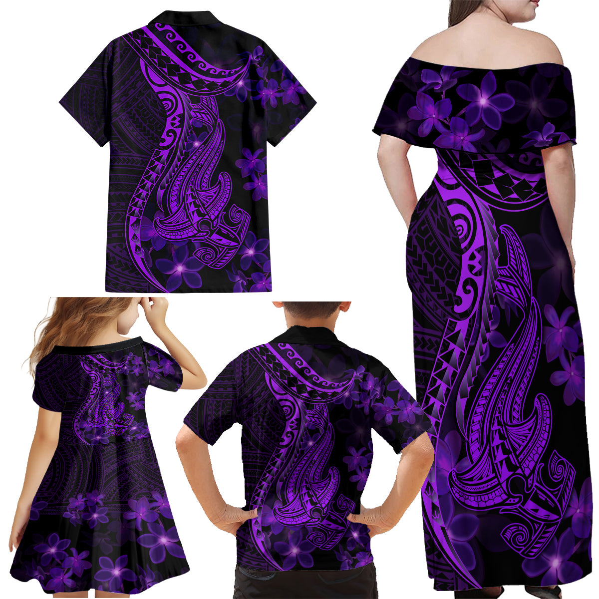 Purple Polynesia Shark Tattoo Family Matching Off Shoulder Maxi Dress and Hawaiian Shirt With Polynesian Plumeria - Wonder Print Shop