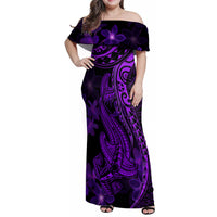 Purple Polynesia Shark Tattoo Family Matching Off Shoulder Maxi Dress and Hawaiian Shirt With Polynesian Plumeria - Wonder Print Shop