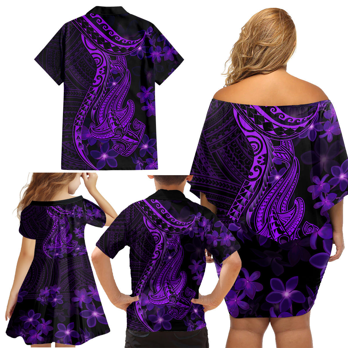 Purple Polynesia Shark Tattoo Family Matching Off Shoulder Short Dress and Hawaiian Shirt With Polynesian Plumeria - Wonder Print Shop
