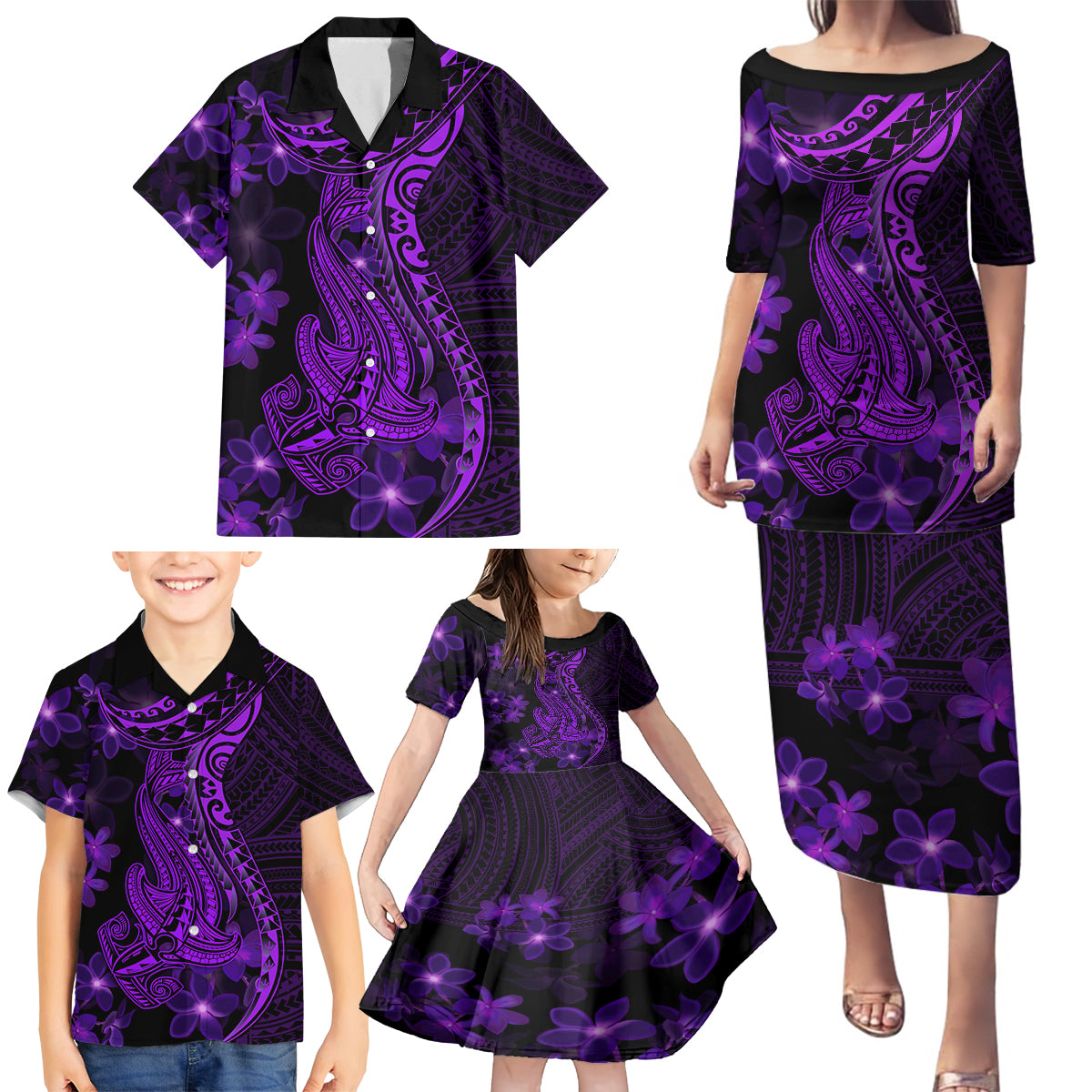 Purple Polynesia Shark Tattoo Family Matching Puletasi Dress and Hawaiian Shirt With Polynesian Plumeria - Wonder Print Shop