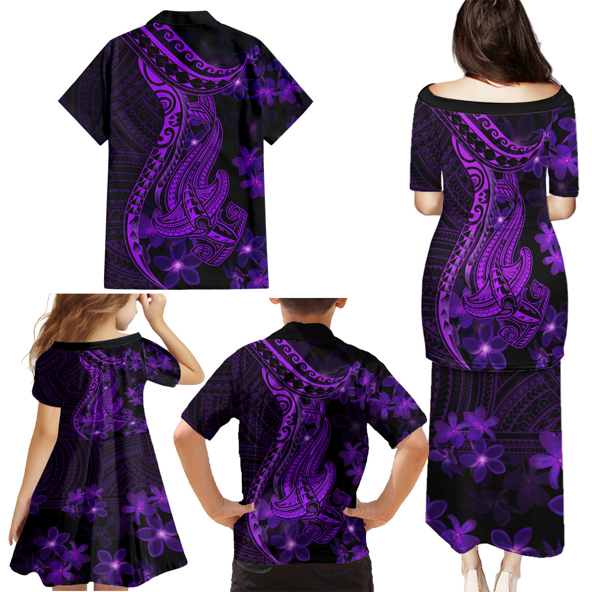 Purple Polynesia Shark Tattoo Family Matching Puletasi Dress and Hawaiian Shirt With Polynesian Plumeria - Wonder Print Shop