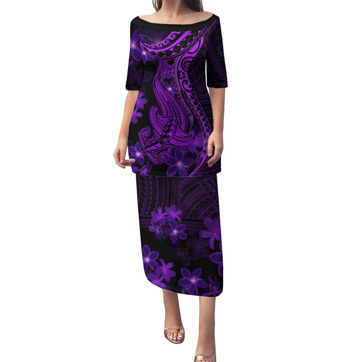 Purple Polynesia Shark Tattoo Family Matching Puletasi Dress and Hawaiian Shirt With Polynesian Plumeria - Wonder Print Shop