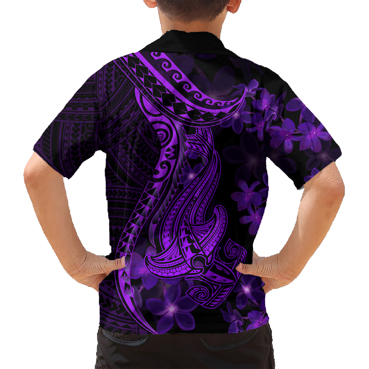 Purple Polynesia Shark Tattoo Family Matching Short Sleeve Bodycon Dress and Hawaiian Shirt With Polynesian Plumeria - Wonder Print Shop