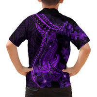 Purple Polynesia Shark Tattoo Family Matching Short Sleeve Bodycon Dress and Hawaiian Shirt With Polynesian Plumeria - Wonder Print Shop