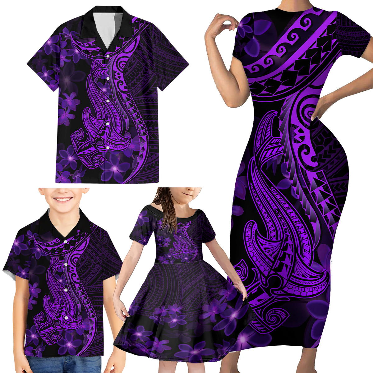 Purple Polynesia Shark Tattoo Family Matching Short Sleeve Bodycon Dress and Hawaiian Shirt With Polynesian Plumeria - Wonder Print Shop