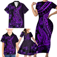 Purple Polynesia Shark Tattoo Family Matching Short Sleeve Bodycon Dress and Hawaiian Shirt With Polynesian Plumeria - Wonder Print Shop