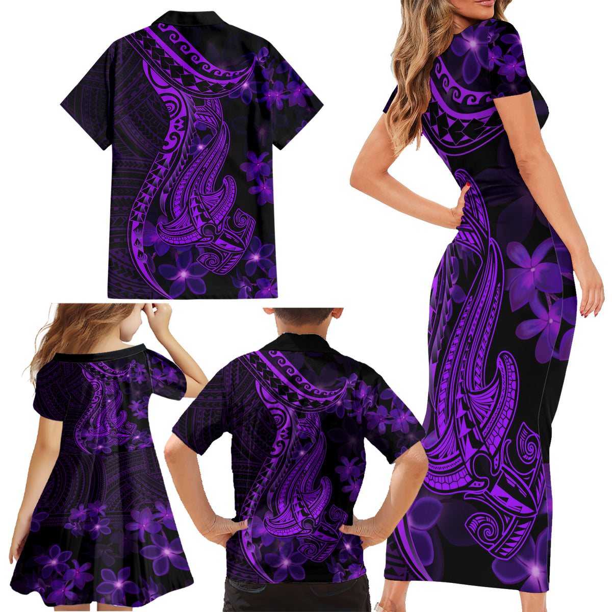 Purple Polynesia Shark Tattoo Family Matching Short Sleeve Bodycon Dress and Hawaiian Shirt With Polynesian Plumeria - Wonder Print Shop