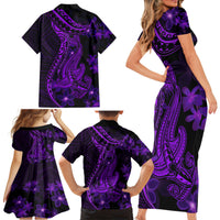 Purple Polynesia Shark Tattoo Family Matching Short Sleeve Bodycon Dress and Hawaiian Shirt With Polynesian Plumeria - Wonder Print Shop