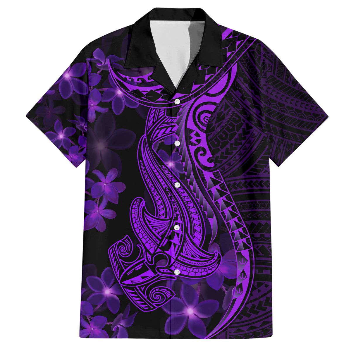 Purple Polynesia Shark Tattoo Family Matching Short Sleeve Bodycon Dress and Hawaiian Shirt With Polynesian Plumeria - Wonder Print Shop