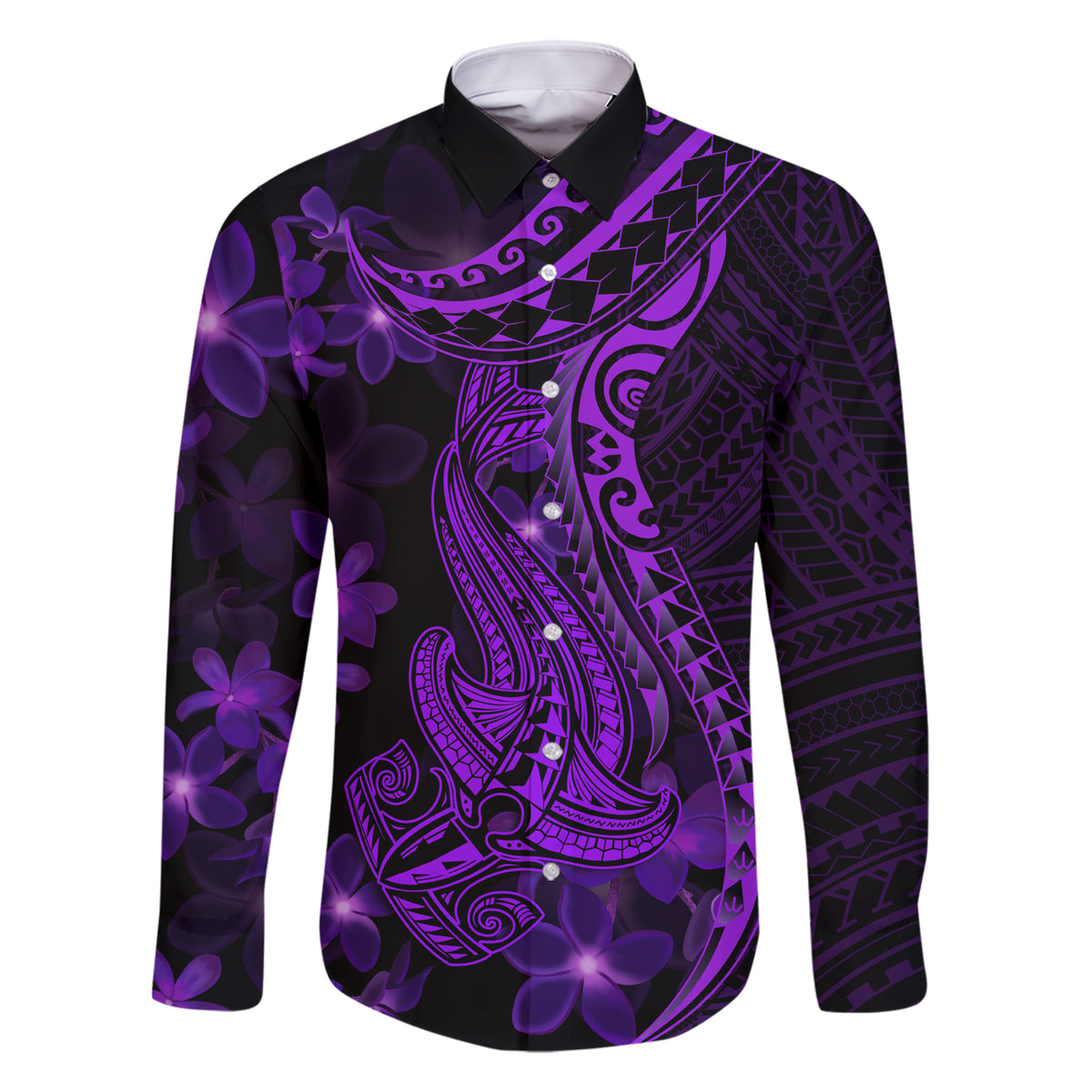 Purple Polynesia Shark Tattoo Family Matching Short Sleeve Bodycon Dress and Hawaiian Shirt With Polynesian Plumeria - Wonder Print Shop