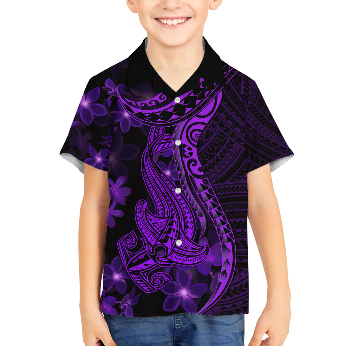 Purple Polynesia Shark Tattoo Family Matching Short Sleeve Bodycon Dress and Hawaiian Shirt With Polynesian Plumeria - Wonder Print Shop