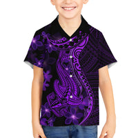 Purple Polynesia Shark Tattoo Family Matching Short Sleeve Bodycon Dress and Hawaiian Shirt With Polynesian Plumeria - Wonder Print Shop