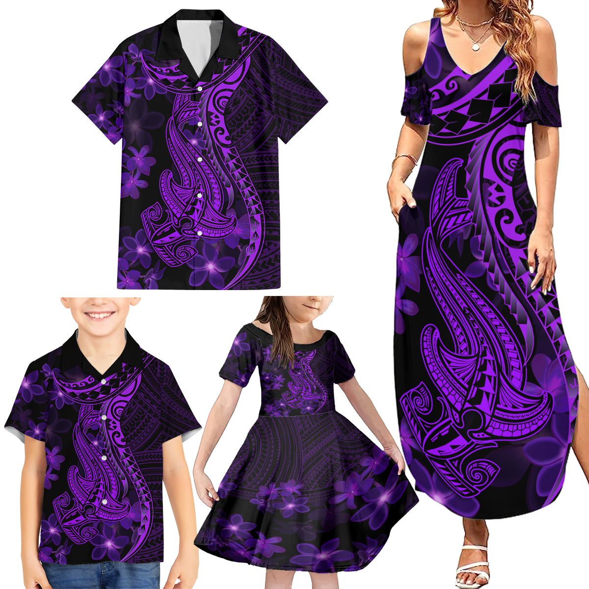 Purple Polynesia Shark Tattoo Family Matching Summer Maxi Dress and Hawaiian Shirt With Polynesian Plumeria - Wonder Print Shop