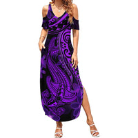 Purple Polynesia Shark Tattoo Family Matching Summer Maxi Dress and Hawaiian Shirt With Polynesian Plumeria - Wonder Print Shop