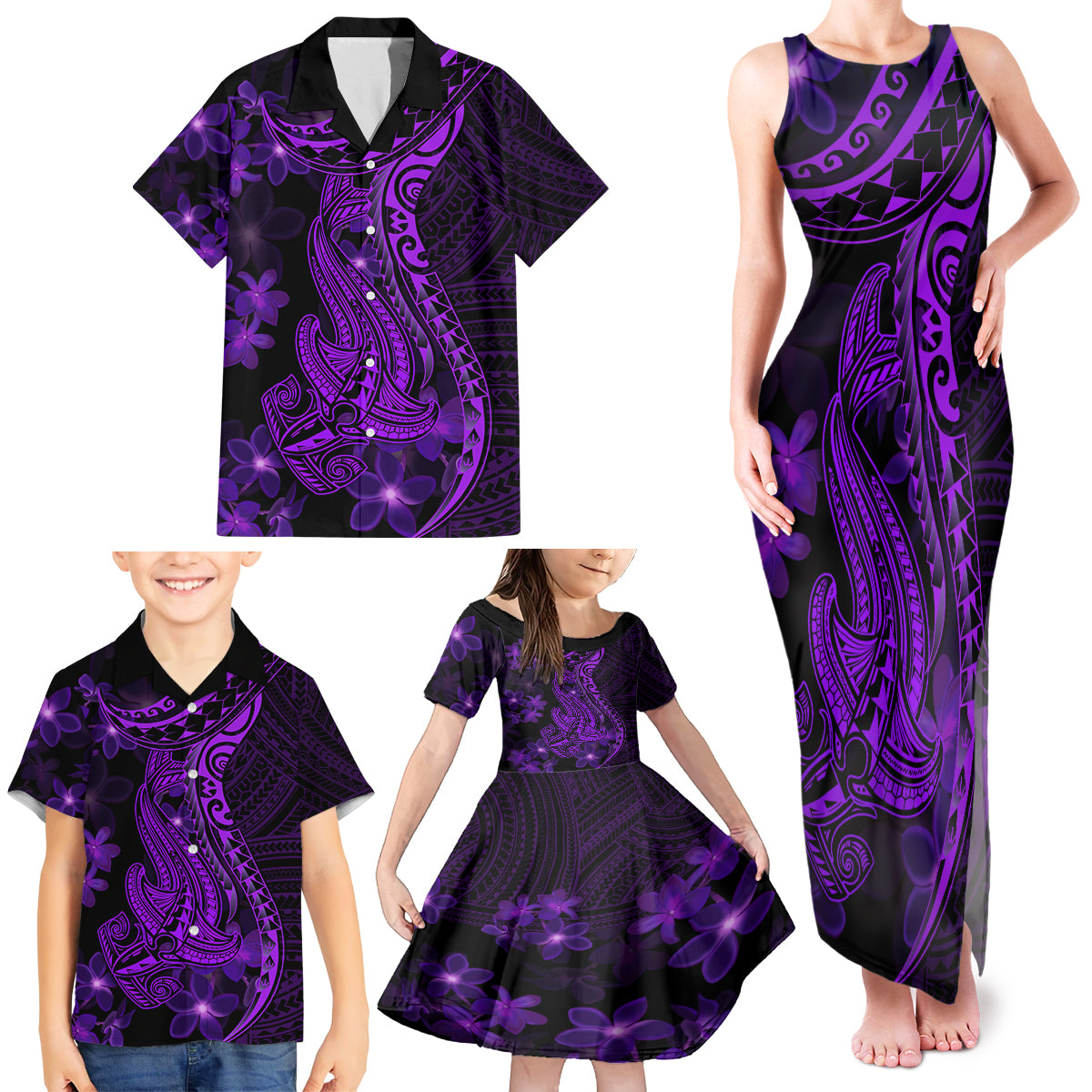 Purple Polynesia Shark Tattoo Family Matching Tank Maxi Dress and Hawaiian Shirt With Polynesian Plumeria - Wonder Print Shop