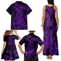 Purple Polynesia Shark Tattoo Family Matching Tank Maxi Dress and Hawaiian Shirt With Polynesian Plumeria - Wonder Print Shop