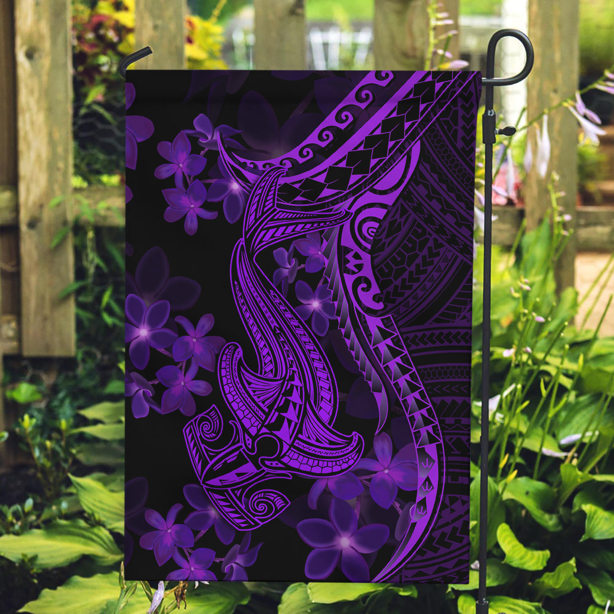 Purple Polynesia Shark Tattoo Garden Flag With Polynesian Plumeria - Wonder Print Shop