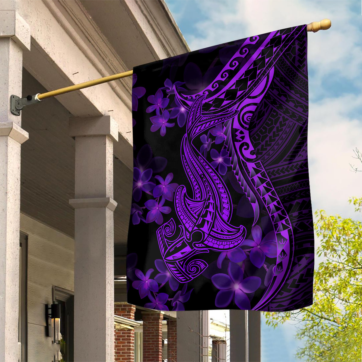 Purple Polynesia Shark Tattoo Garden Flag With Polynesian Plumeria - Wonder Print Shop