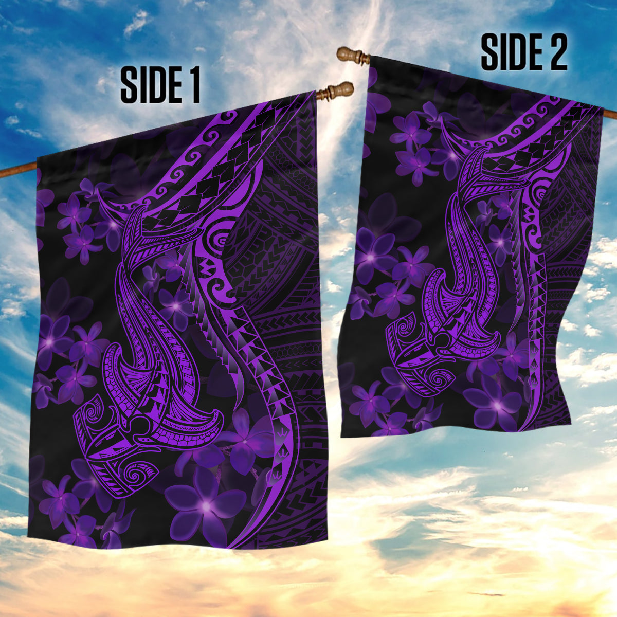Purple Polynesia Shark Tattoo Garden Flag With Polynesian Plumeria - Wonder Print Shop