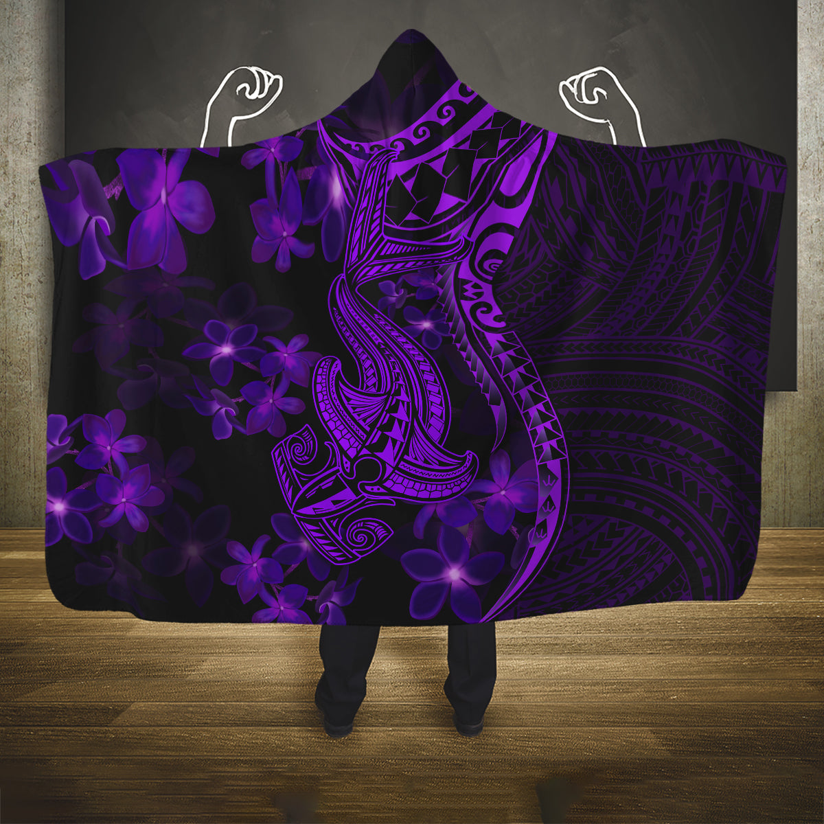 purple-polynesia-shark-tattoo-hooded-blanket-with-polynesian-plumeria