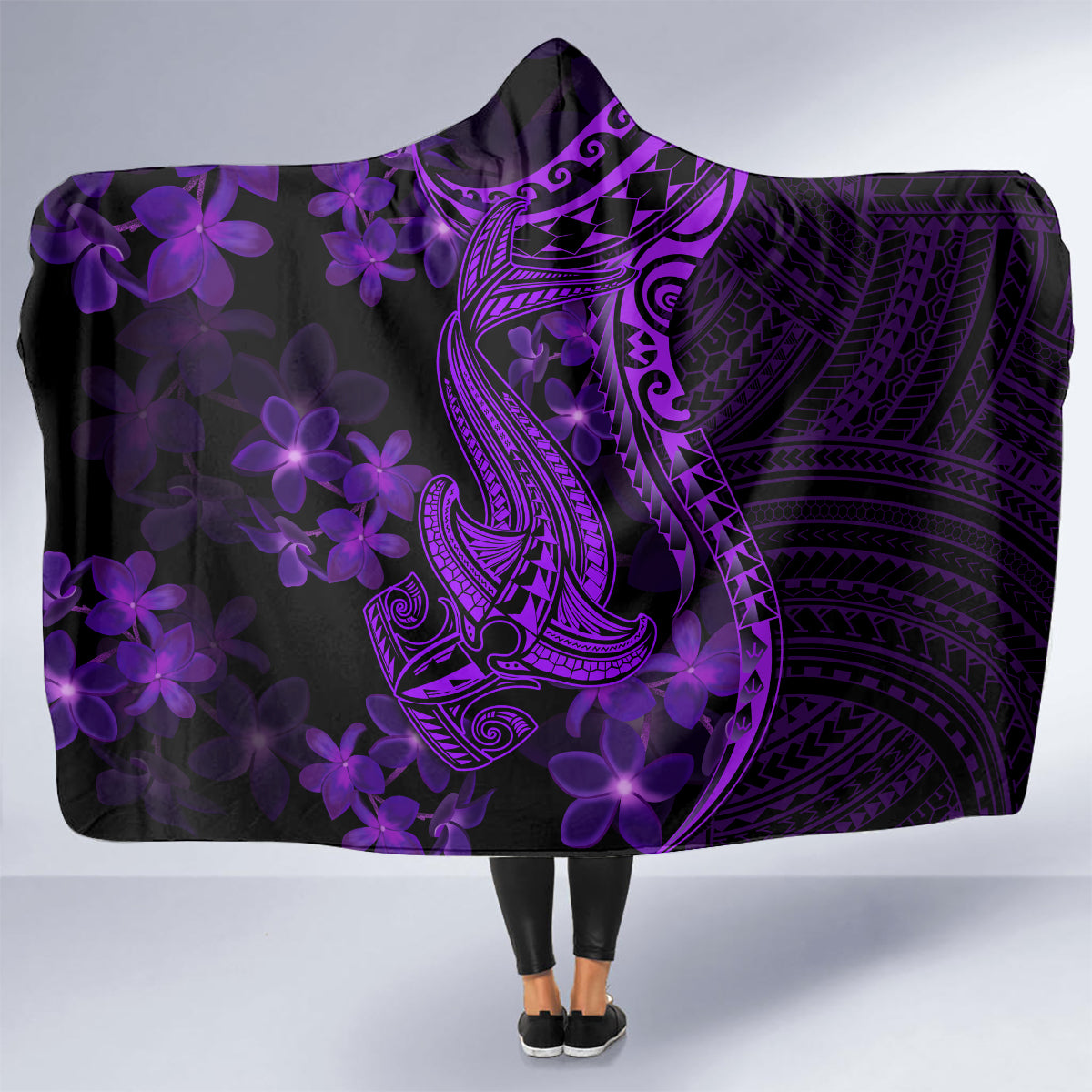 purple-polynesia-shark-tattoo-hooded-blanket-with-polynesian-plumeria