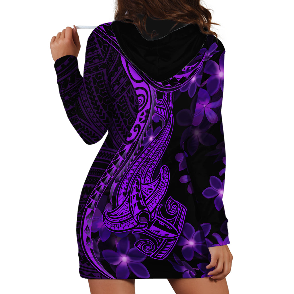 Purple Polynesia Shark Tattoo Hoodie Dress With Polynesian Plumeria - Wonder Print Shop