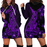 Purple Polynesia Shark Tattoo Hoodie Dress With Polynesian Plumeria - Wonder Print Shop