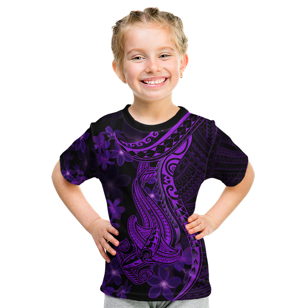 Purple Polynesia Shark Tattoo Kid T Shirt With Polynesian Plumeria - Wonder Print Shop