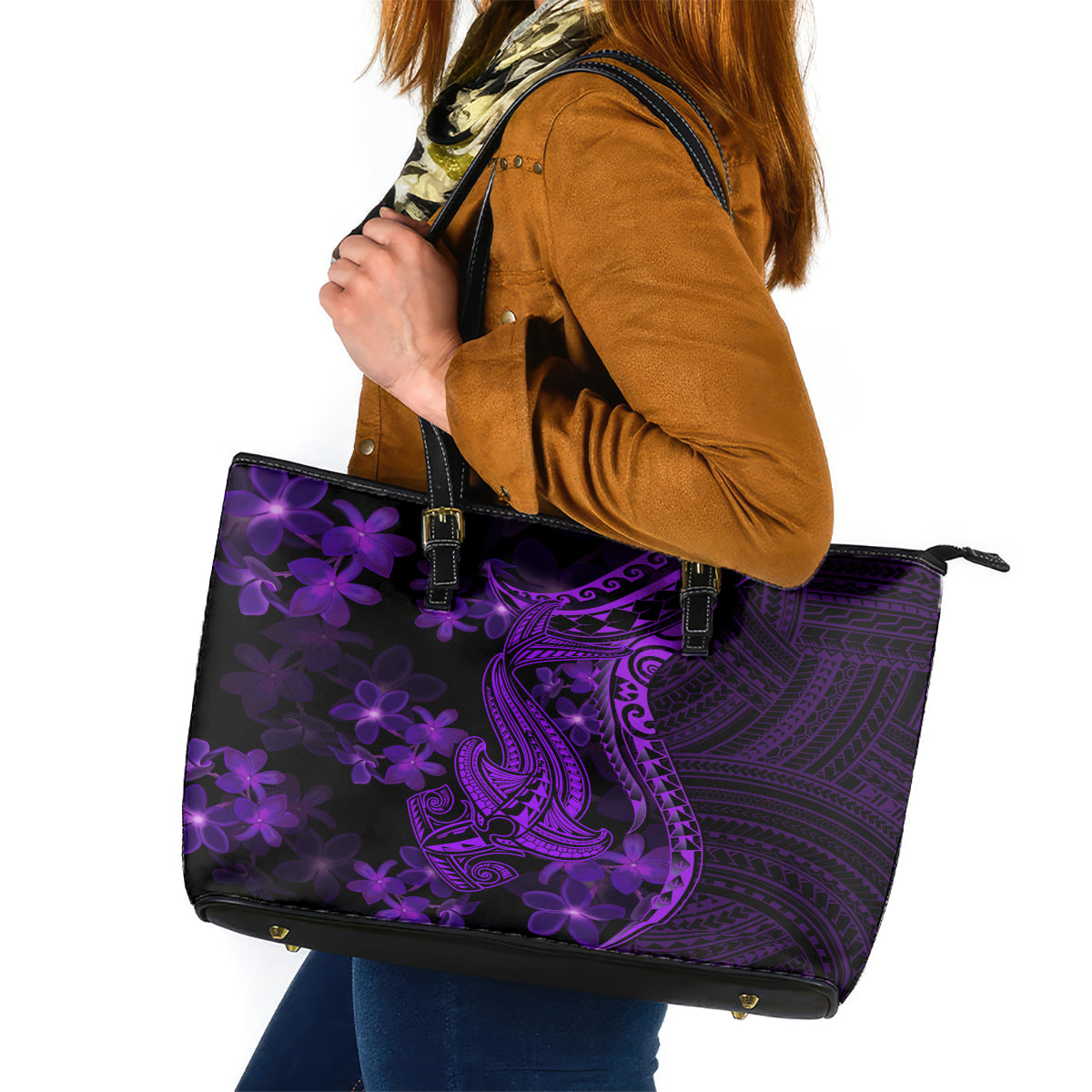 Purple Polynesia Shark Tattoo Leather Tote Bag With Polynesian Plumeria - Wonder Print Shop