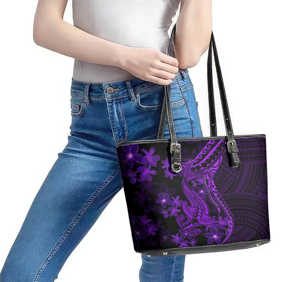 Purple Polynesia Shark Tattoo Leather Tote Bag With Polynesian Plumeria - Wonder Print Shop
