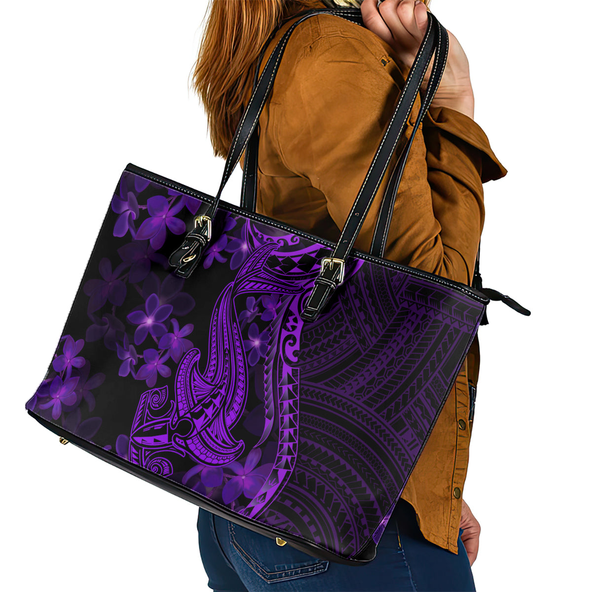 Purple Polynesia Shark Tattoo Leather Tote Bag With Polynesian Plumeria - Wonder Print Shop