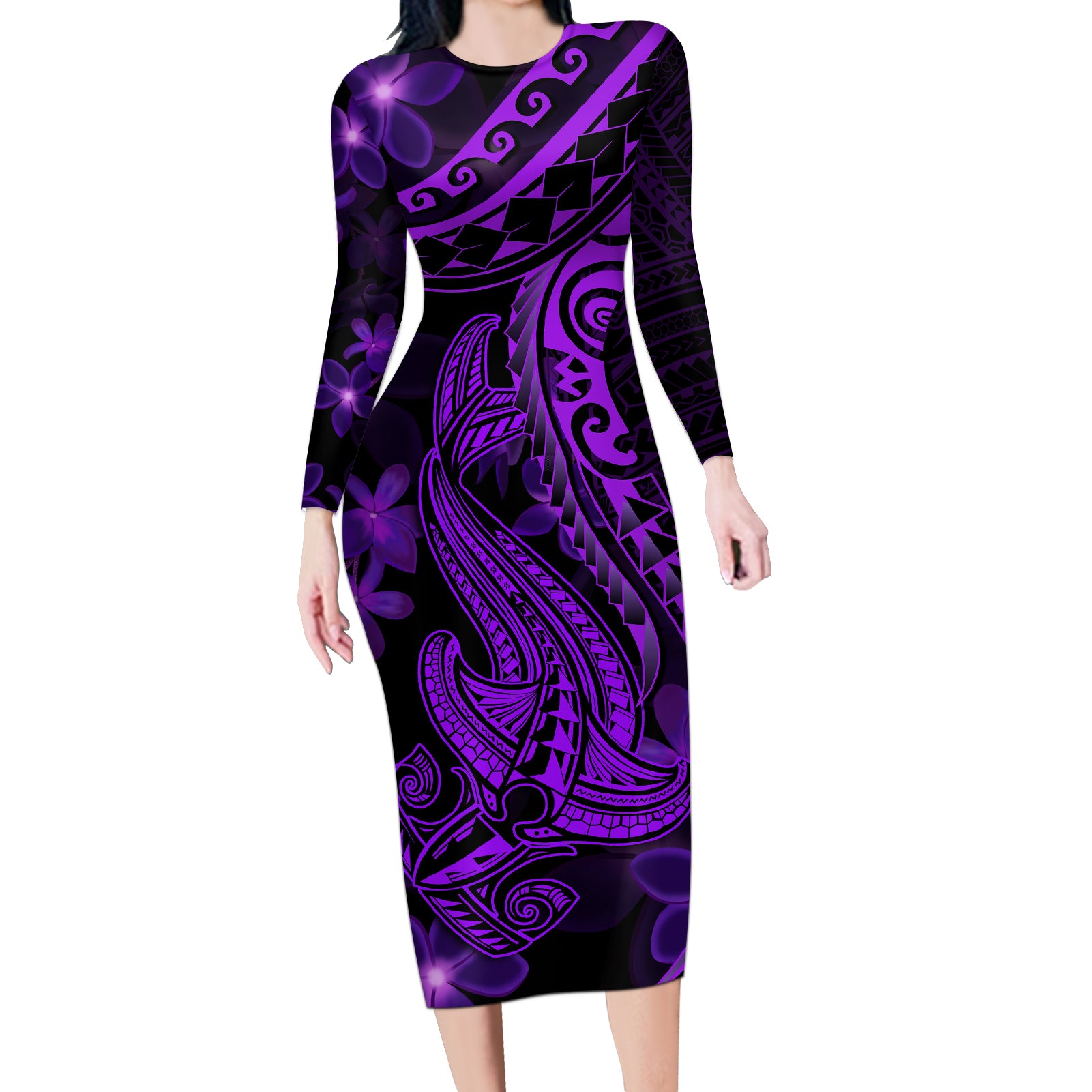 Purple Polynesia Shark Tattoo Long Sleeve Bodycon Dress With Polynesian Plumeria - Wonder Print Shop