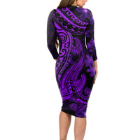 Purple Polynesia Shark Tattoo Long Sleeve Bodycon Dress With Polynesian Plumeria - Wonder Print Shop