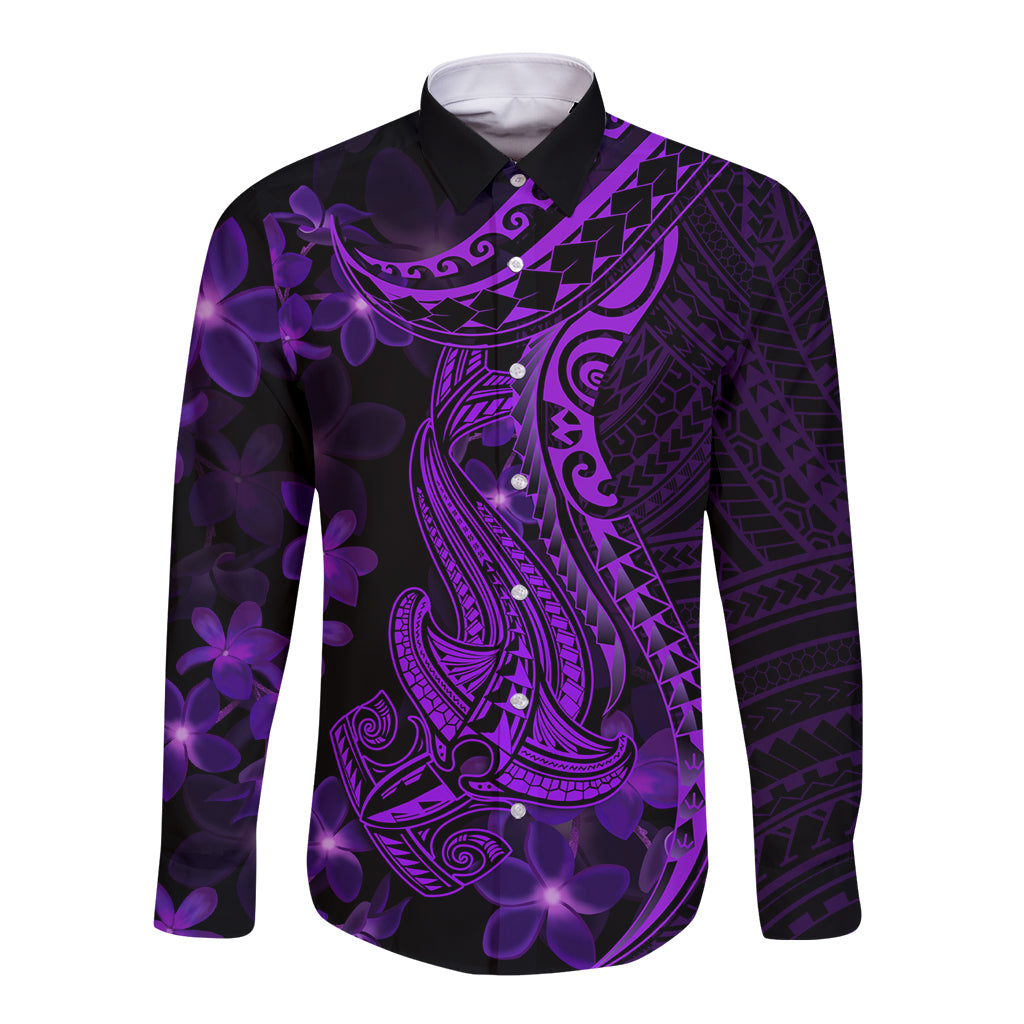 Purple Polynesia Shark Tattoo Long Sleeve Button Shirt With Polynesian Plumeria - Wonder Print Shop