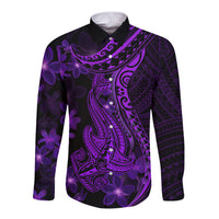 Purple Polynesia Shark Tattoo Long Sleeve Button Shirt With Polynesian Plumeria - Wonder Print Shop