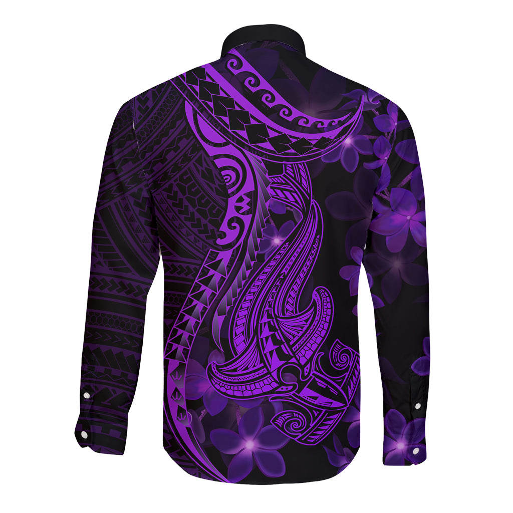 Purple Polynesia Shark Tattoo Long Sleeve Button Shirt With Polynesian Plumeria - Wonder Print Shop