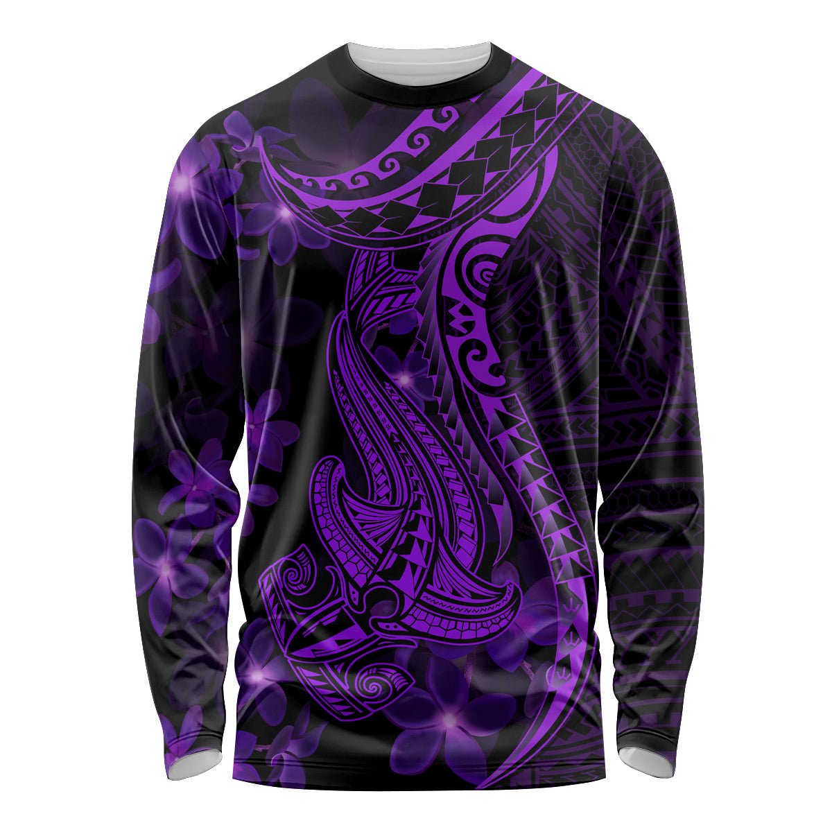 Purple Polynesia Shark Tattoo Long Sleeve Shirt With Polynesian Plumeria - Wonder Print Shop
