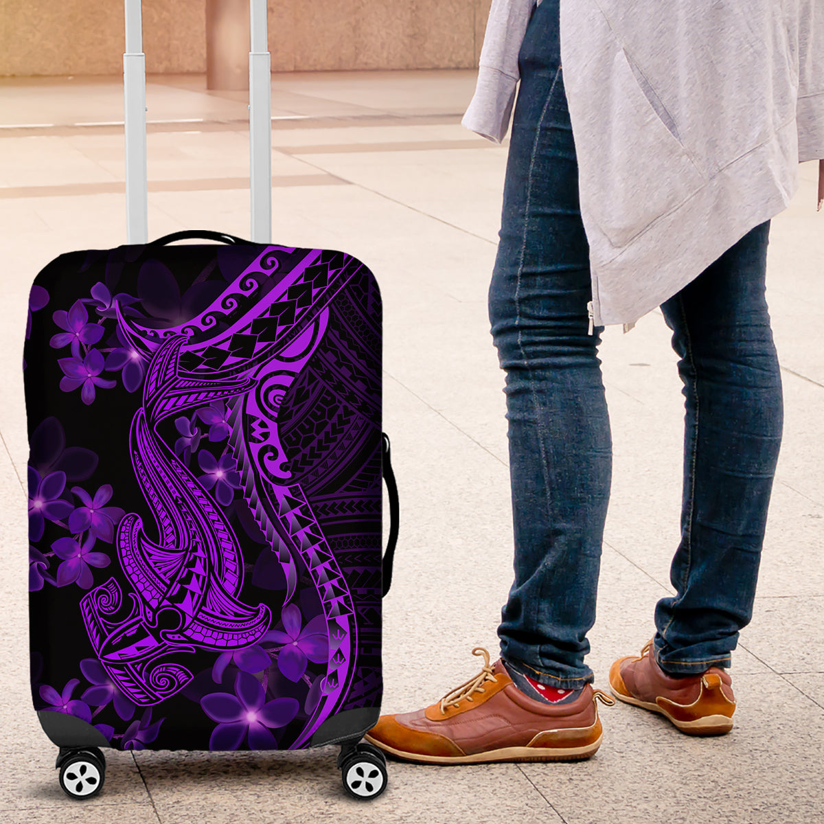 Purple Polynesia Shark Tattoo Luggage Cover With Polynesian Plumeria - Wonder Print Shop