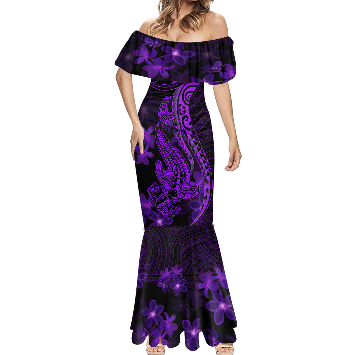 Purple Polynesia Shark Tattoo Mermaid Dress With Polynesian Plumeria - Wonder Print Shop