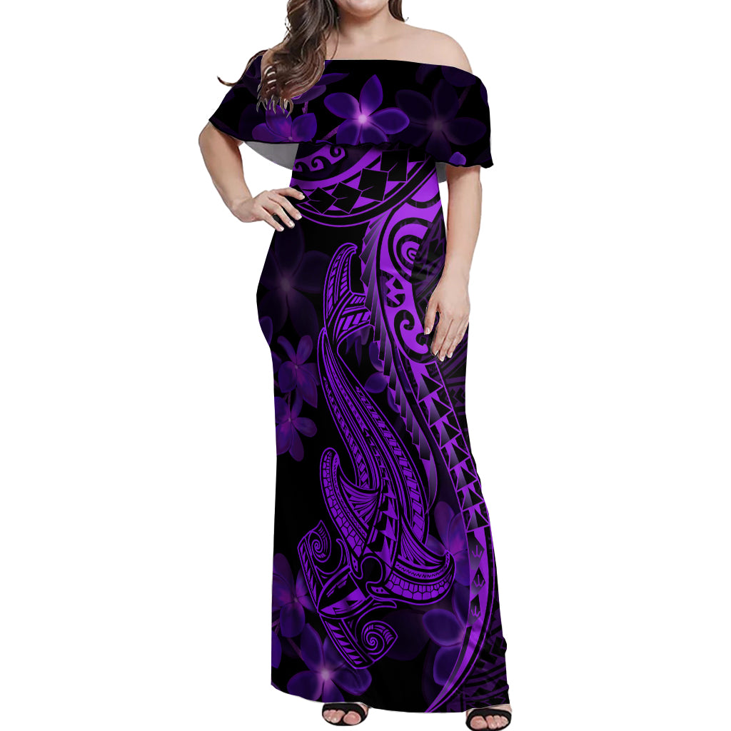 Purple Polynesia Shark Tattoo Off Shoulder Maxi Dress With Polynesian Plumeria - Wonder Print Shop