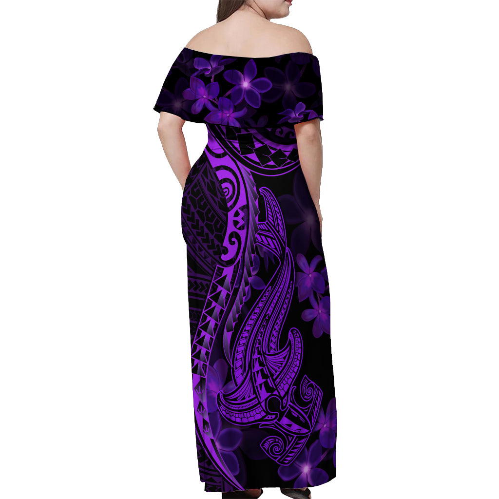 Purple Polynesia Shark Tattoo Off Shoulder Maxi Dress With Polynesian Plumeria - Wonder Print Shop