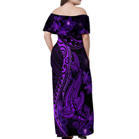 Purple Polynesia Shark Tattoo Off Shoulder Maxi Dress With Polynesian Plumeria - Wonder Print Shop