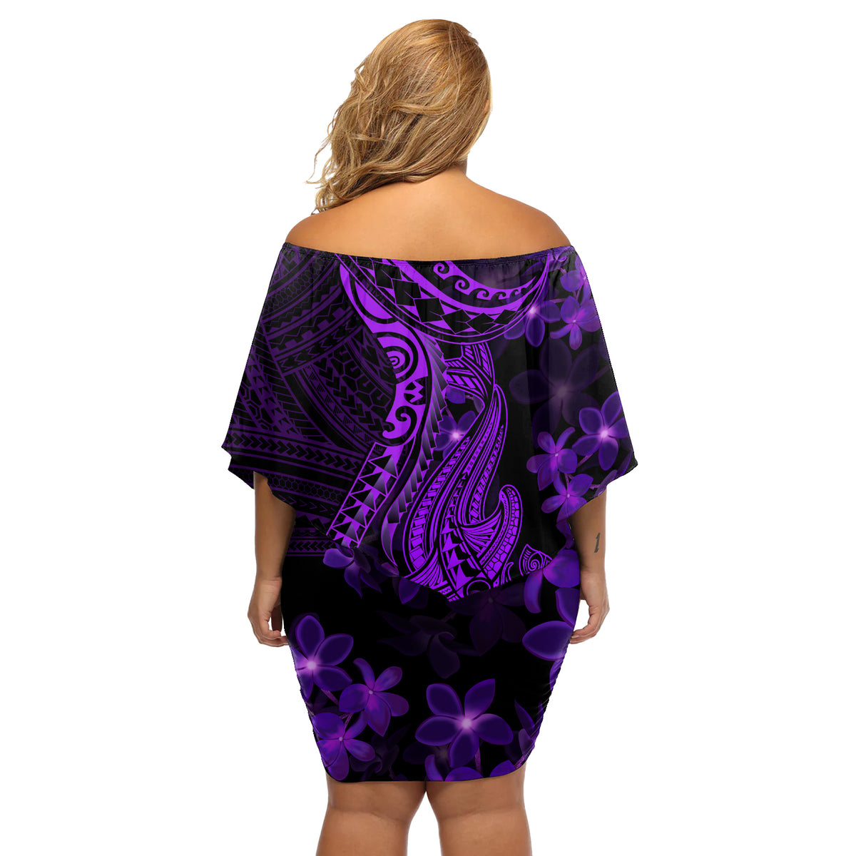 Purple Polynesia Shark Tattoo Off Shoulder Short Dress With Polynesian Plumeria - Wonder Print Shop