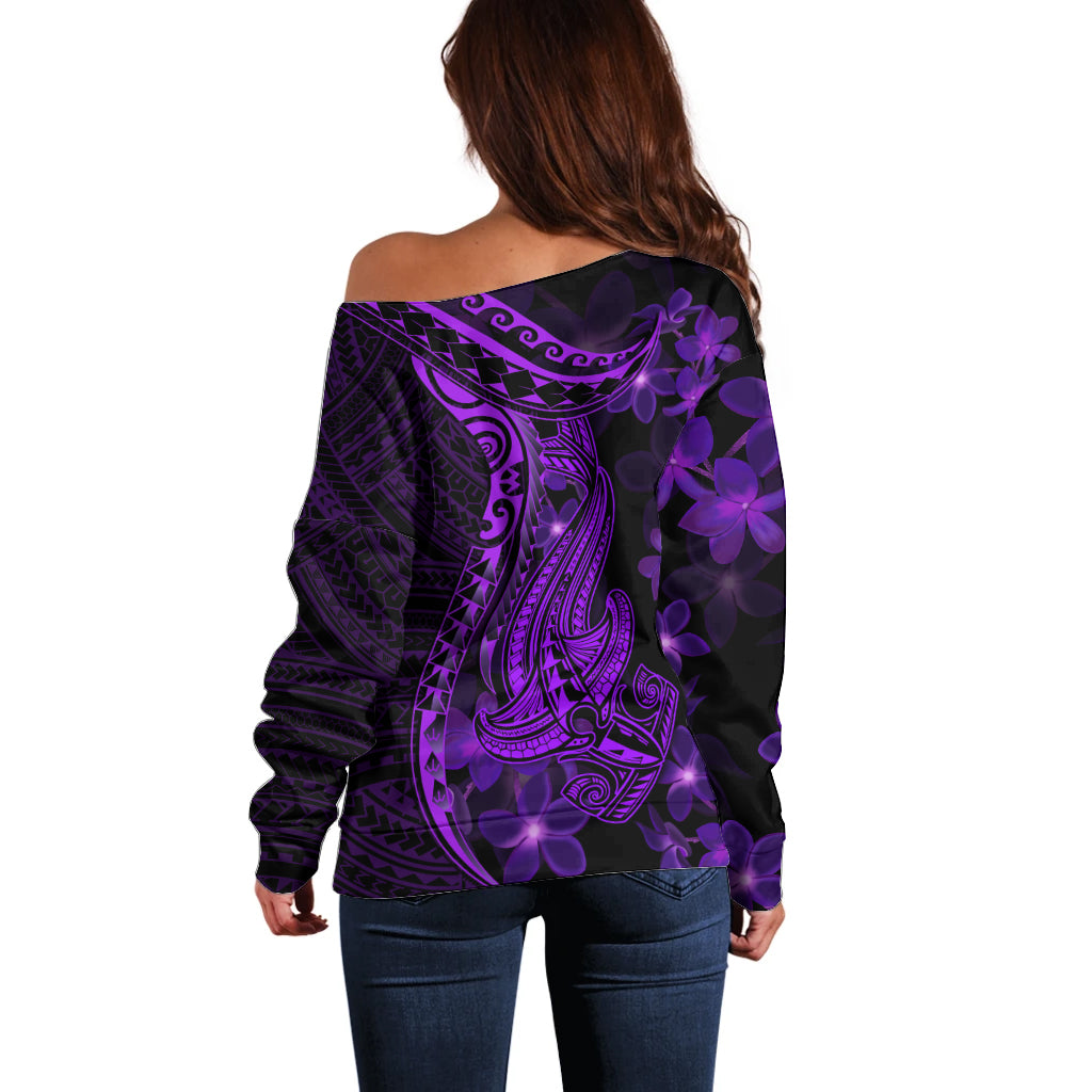 Purple Polynesia Shark Tattoo Off Shoulder Sweater With Polynesian Plumeria - Wonder Print Shop