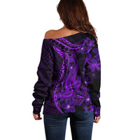 Purple Polynesia Shark Tattoo Off Shoulder Sweater With Polynesian Plumeria - Wonder Print Shop
