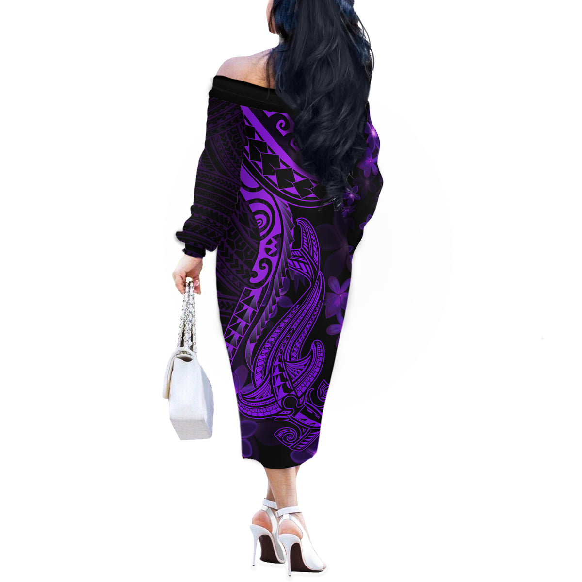 Purple Polynesia Shark Tattoo Off The Shoulder Long Sleeve Dress With Polynesian Plumeria - Wonder Print Shop